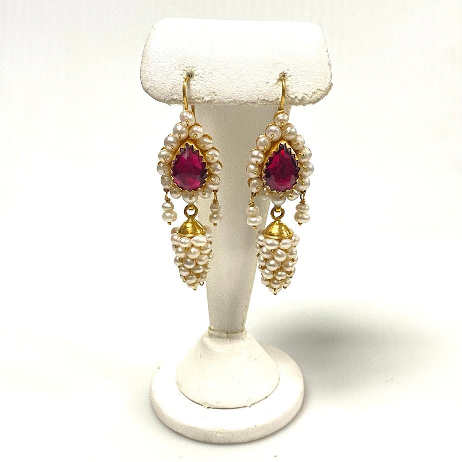 v383 Vintage 18K Yellow Gold Pink Ruby and Pearls Dangling Earrings