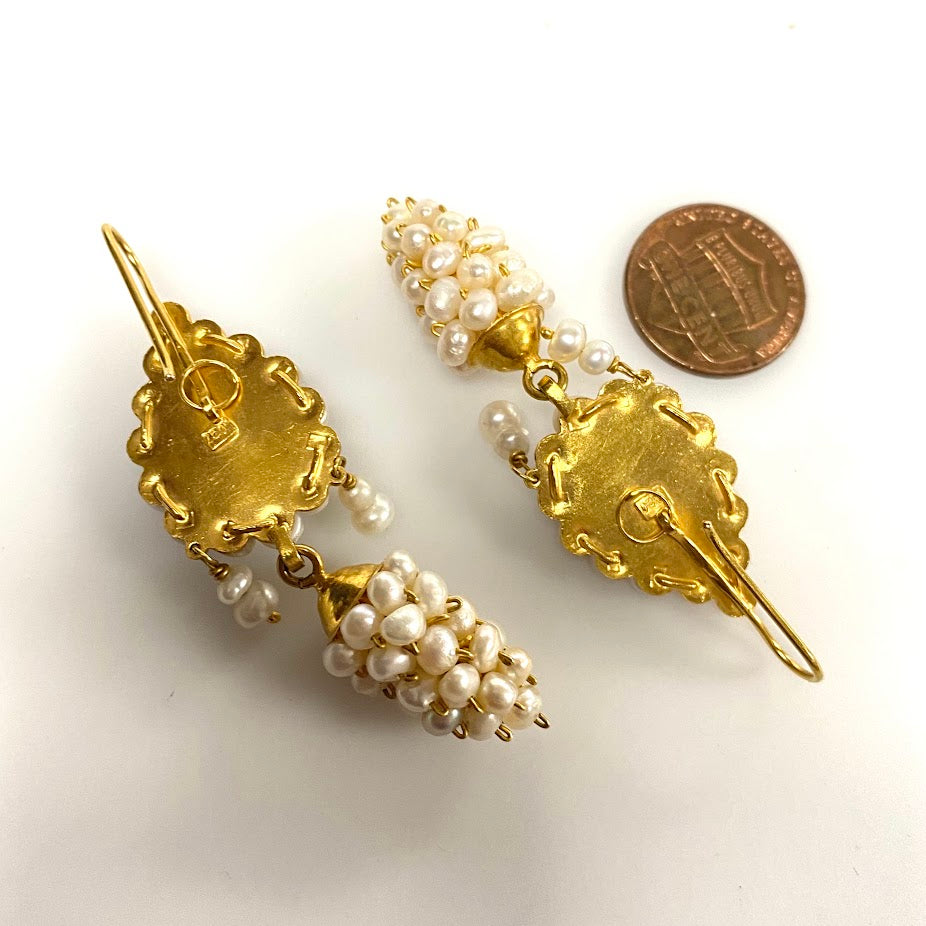 v383 Vintage 18K Yellow Gold Pink Ruby and Pearls Dangling Earrings