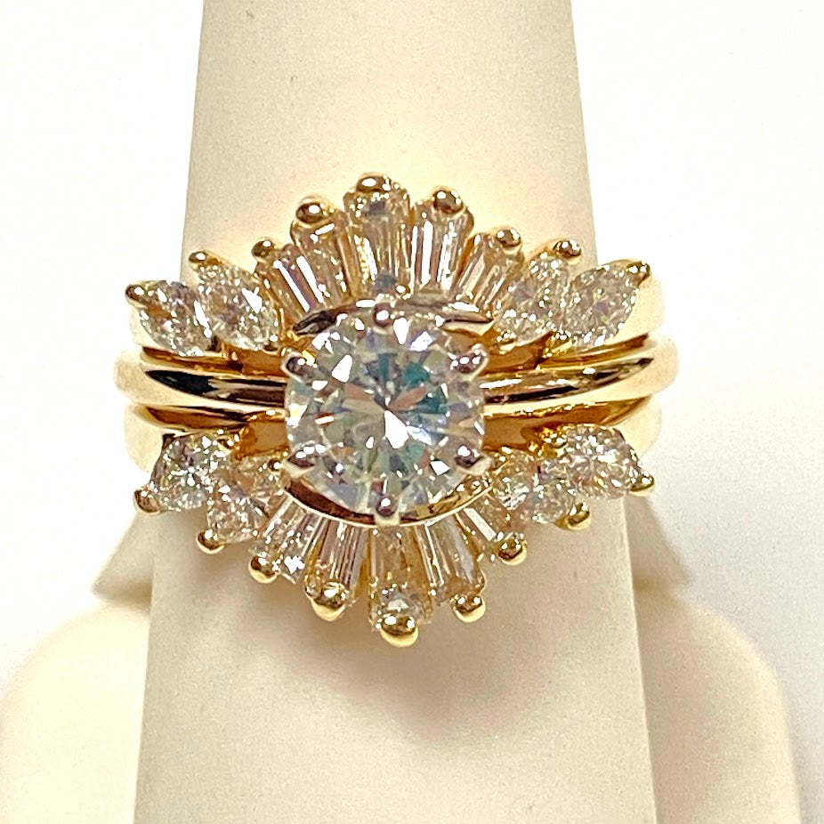 v386 Vintage 14K Yellow Gold 2.5cts Diamond Wedding 3Ring Band Size 7.25