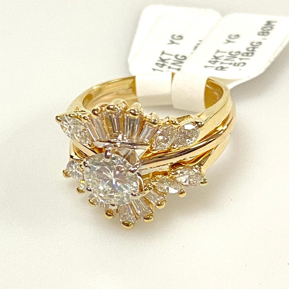 v386 Vintage 14K Yellow Gold 2.5cts Diamond Wedding 3Ring Band Size 7.25