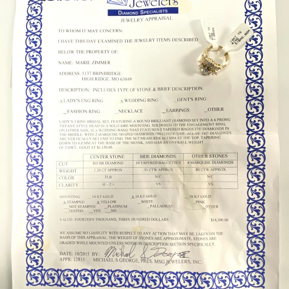 v386 Vintage 14K Yellow Gold 2.5cts Diamond Wedding 3Ring Band Size 7.25