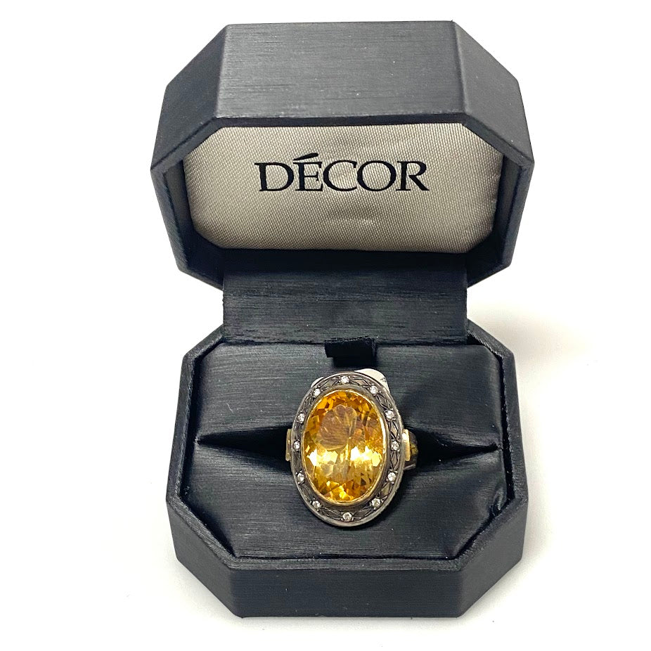 v390 Vintage 22K Yellow Gold Sterling Silver Citrine Diamond Wedding Ring Size 7
