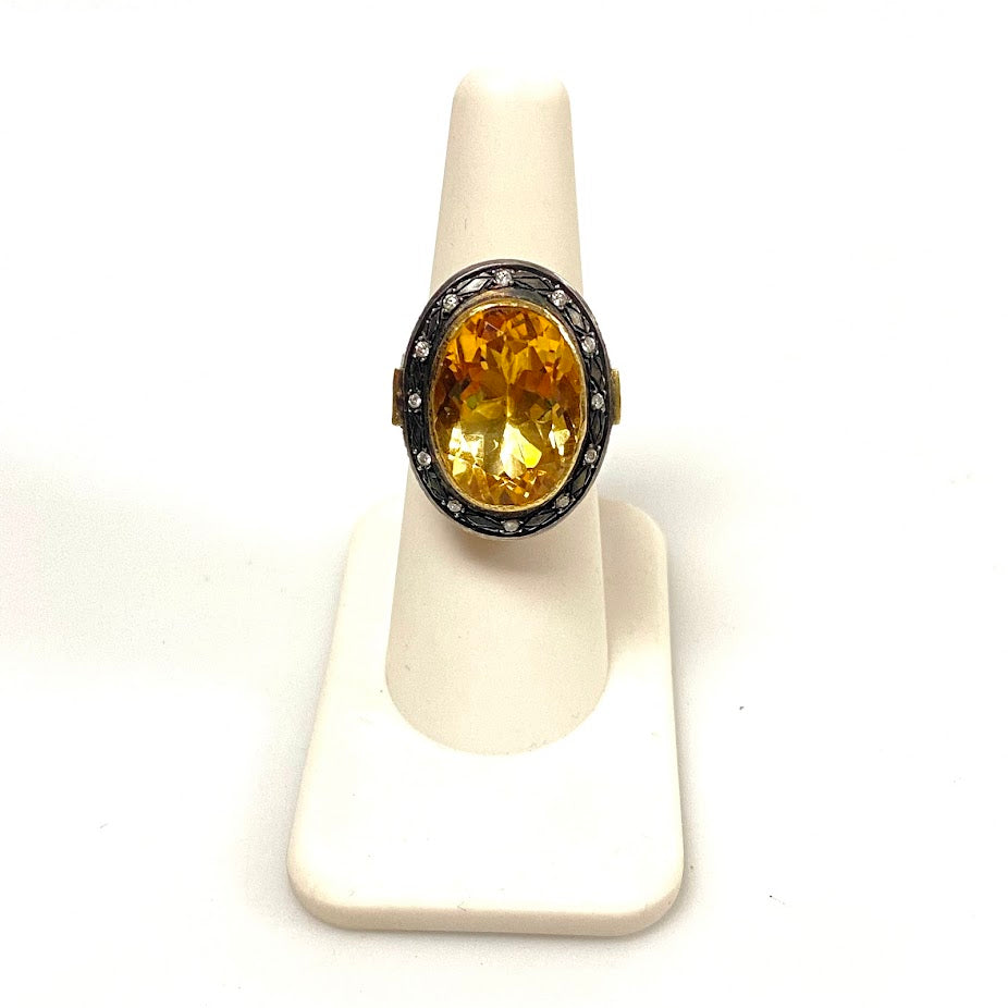 v390 Vintage 22K Yellow Gold Sterling Silver Citrine Diamond Wedding Ring Size 7