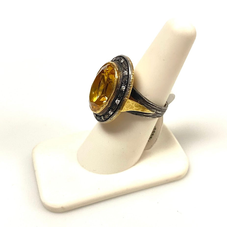 v390 Vintage 22K Yellow Gold Sterling Silver Citrine Diamond Wedding Ring Size 7