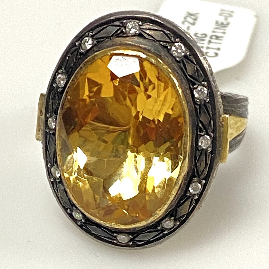 v390 Vintage 22K Yellow Gold Sterling Silver Citrine Diamond Wedding Ring Size 7