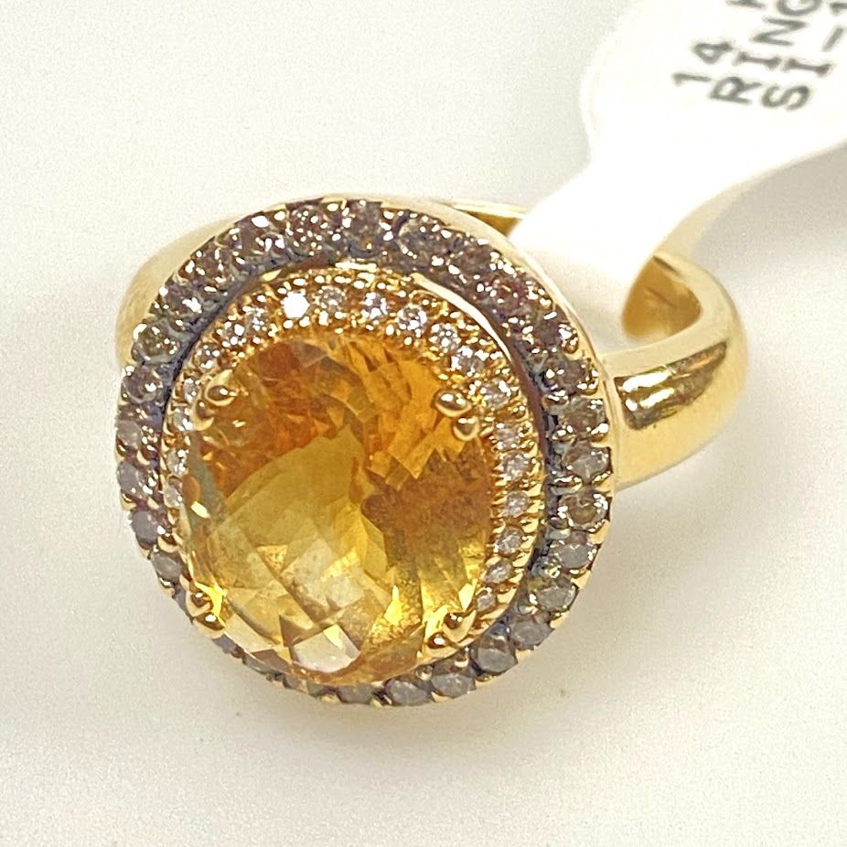 v391 Vintage 14K Yellow Gold Yellow Citrine Diamonds Wedding Ring Size 5.25