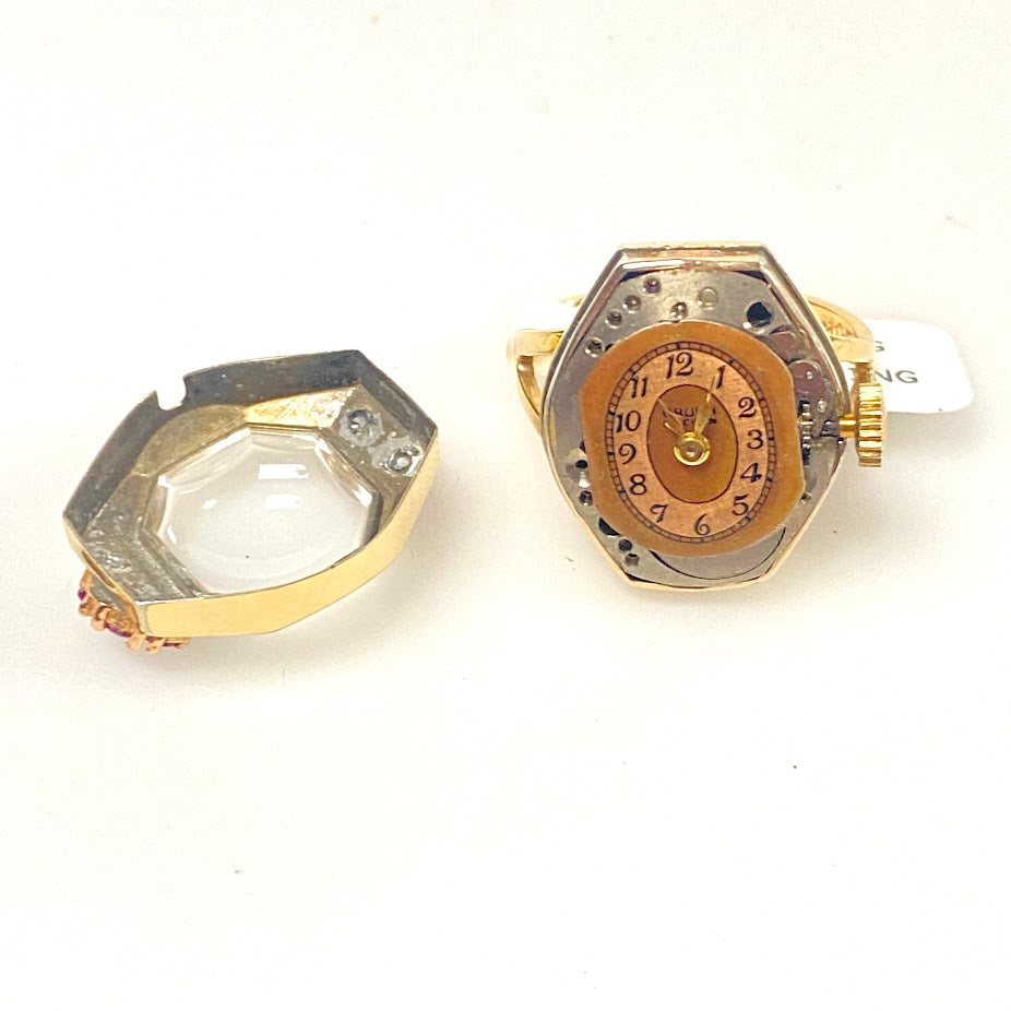 v392 Vintage 10K Yellow Gold Pink Ruby & Diamonds Mechanical Watch Ring Size 8