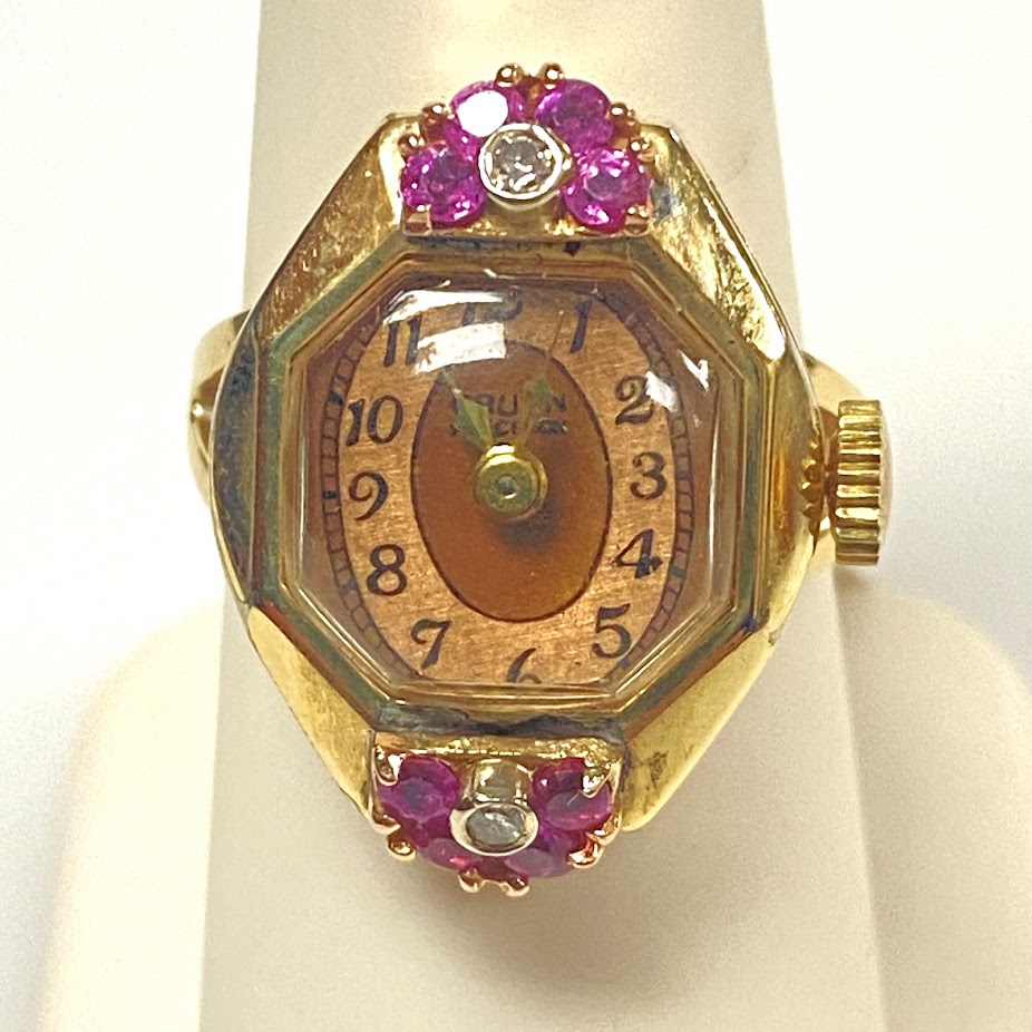 v392 Vintage 10K Yellow Gold Pink Ruby & Diamonds Mechanical Watch Ring Size 8