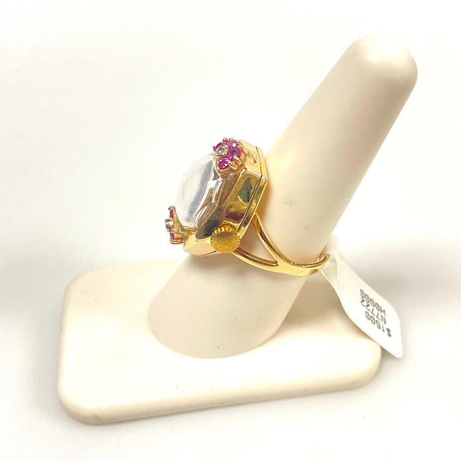 v392 Vintage 10K Yellow Gold Pink Ruby & Diamonds Mechanical Watch Ring Size 8