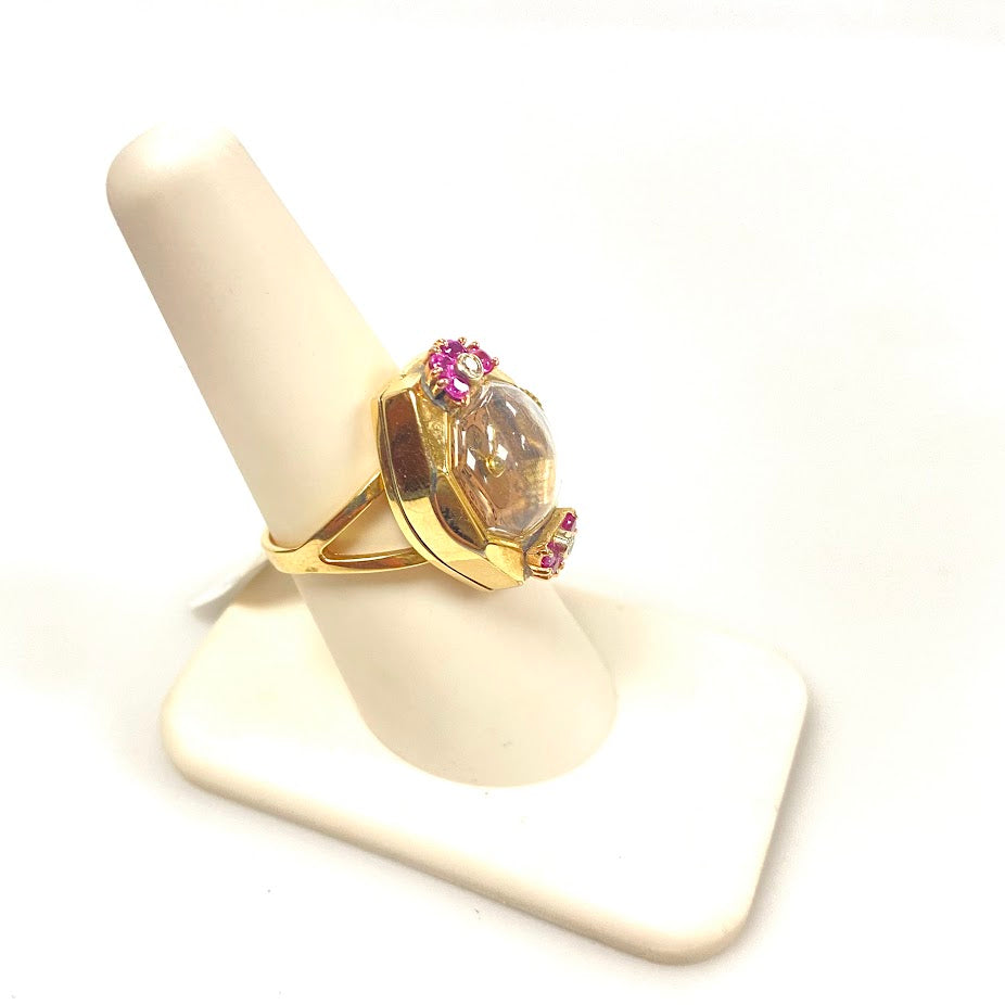 v392 Vintage 10K Yellow Gold Pink Ruby & Diamonds Mechanical Watch Ring Size 8
