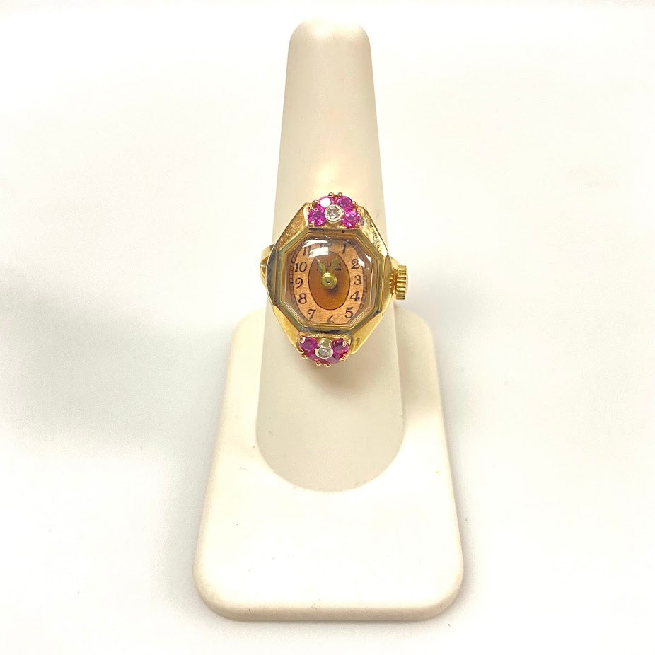 v392 Vintage 10K Yellow Gold Pink Ruby & Diamonds Mechanical Watch Ring Size 8