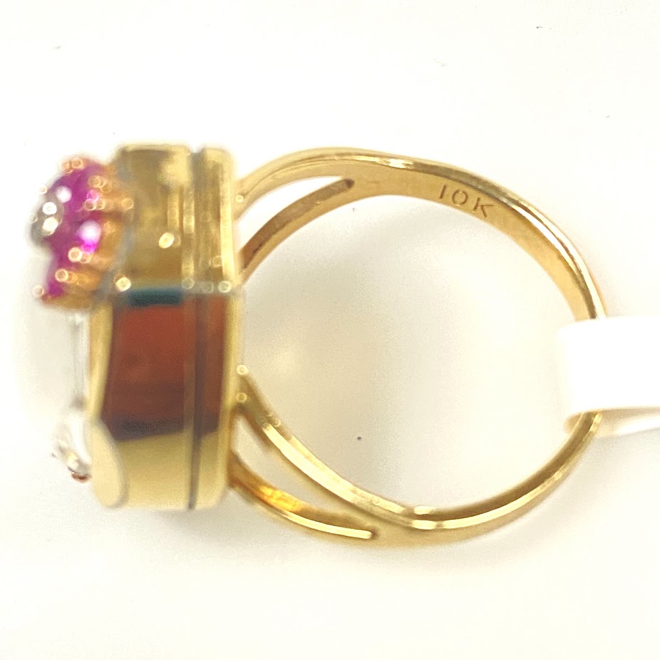 v392 Vintage 10K Yellow Gold Pink Ruby & Diamonds Mechanical Watch Ring Size 8