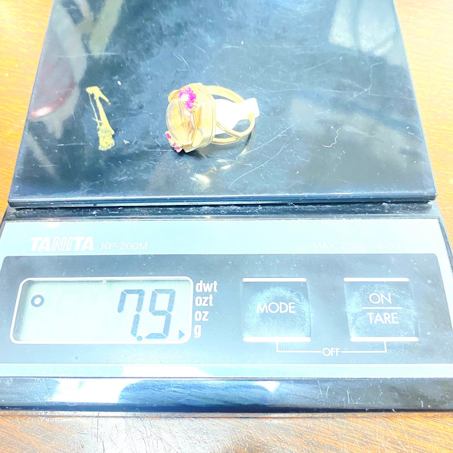 v392 Vintage 10K Yellow Gold Pink Ruby & Diamonds Mechanical Watch Ring Size 8