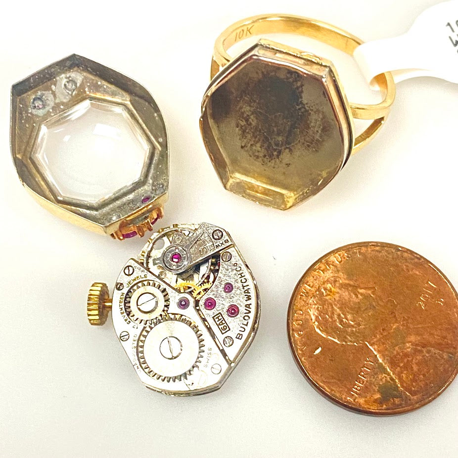 v392 Vintage 10K Yellow Gold Pink Ruby & Diamonds Mechanical Watch Ring Size 8
