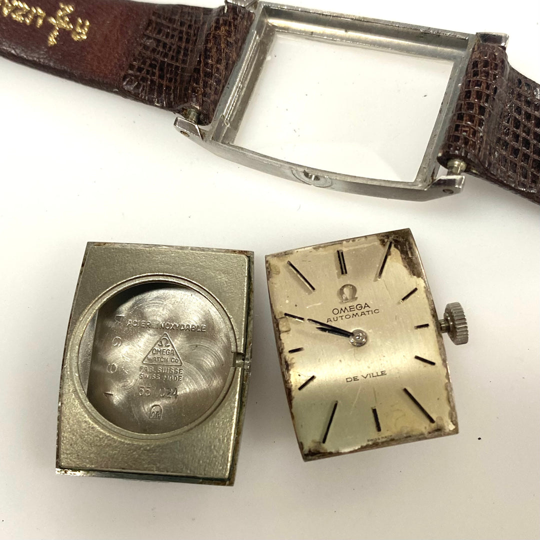 v409 Vintage Omega DeVille Swiss Automatic 14K White Gold 24 Jewels Brown Band