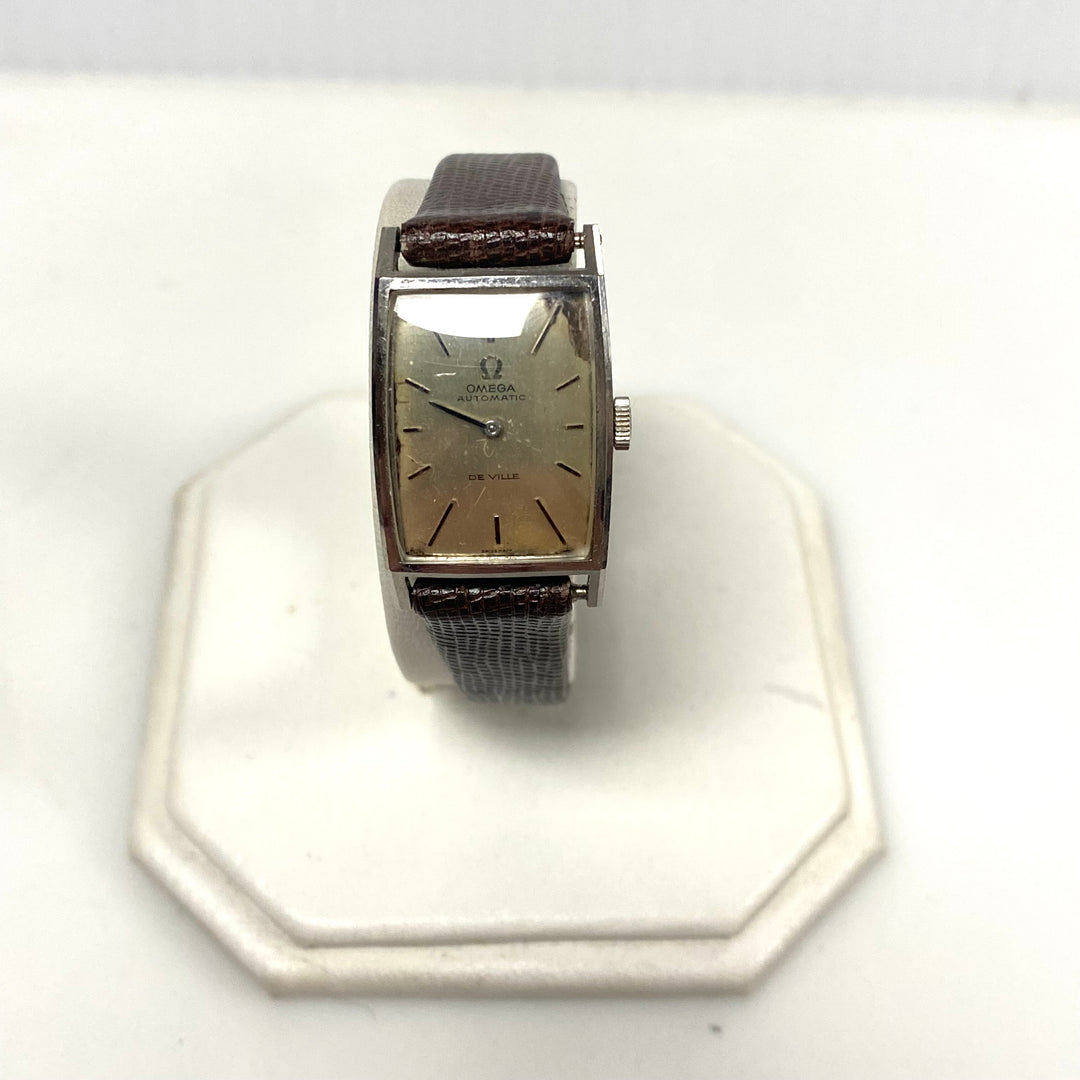 v409 Vintage Omega DeVille Swiss Automatic 14K White Gold 24 Jewels Brown Band