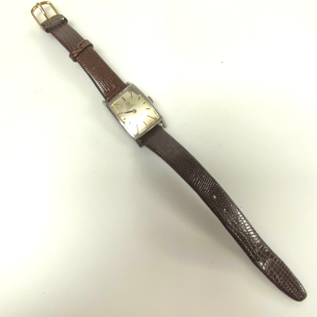 v409 Vintage Omega DeVille Swiss Automatic 14K White Gold 24 Jewels Brown Band