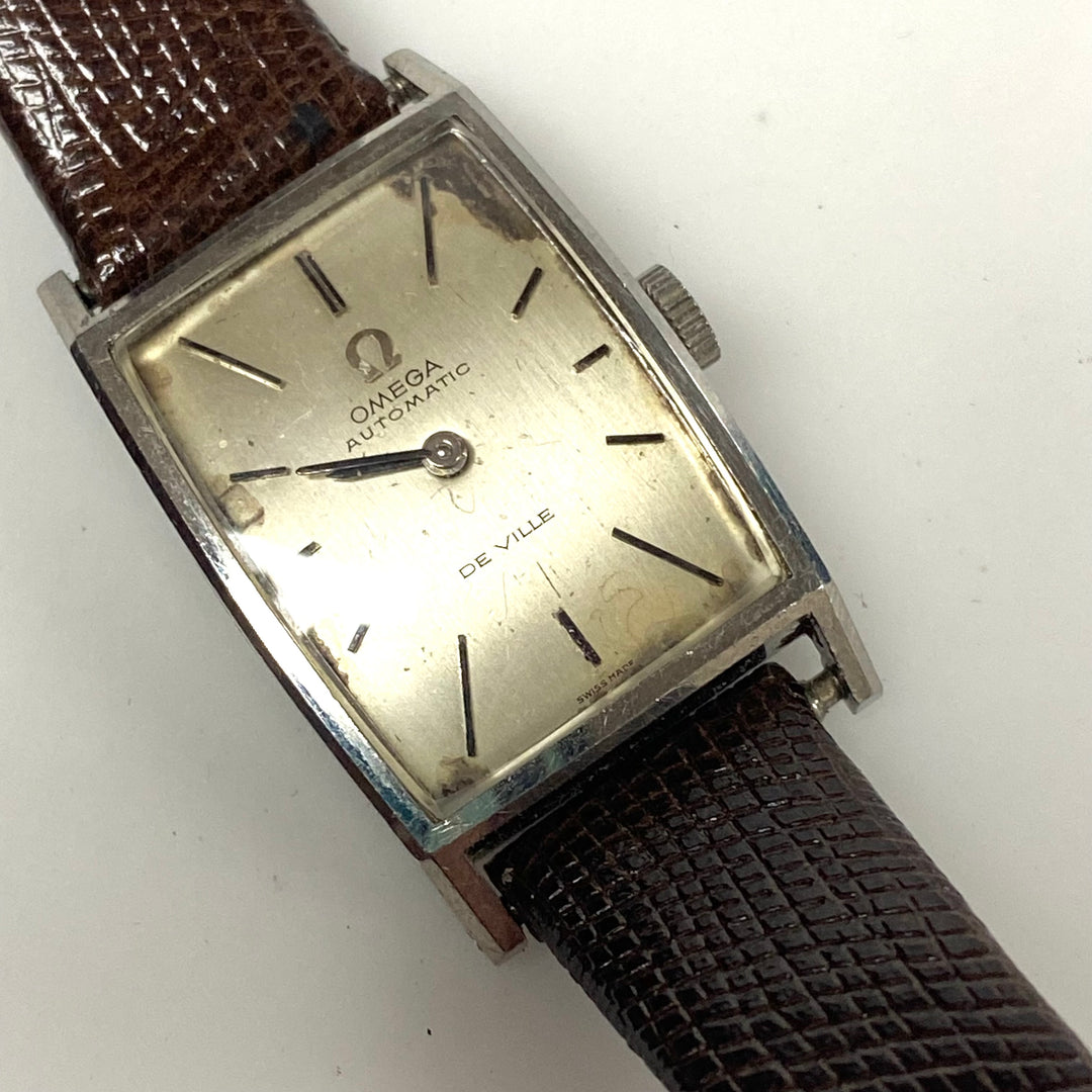 v409 Vintage Omega DeVille Swiss Automatic 14K White Gold 24 Jewels Brown Band