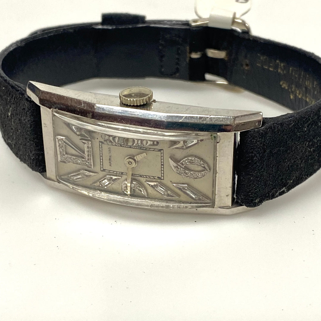 v410 Vintage Hamilton Platinum 19 Jewels 982 Mechanical Black Suede Band