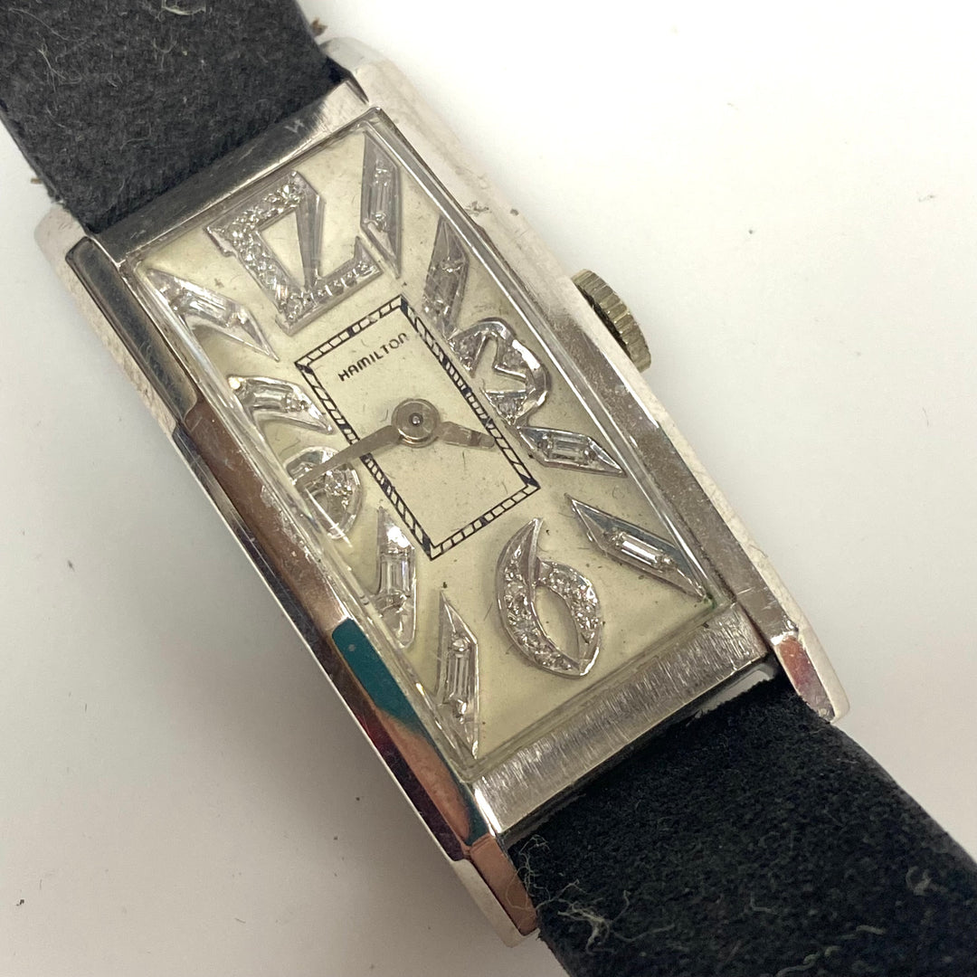 v410 Vintage Hamilton Platinum 19 Jewels 982 Mechanical Black Suede Band