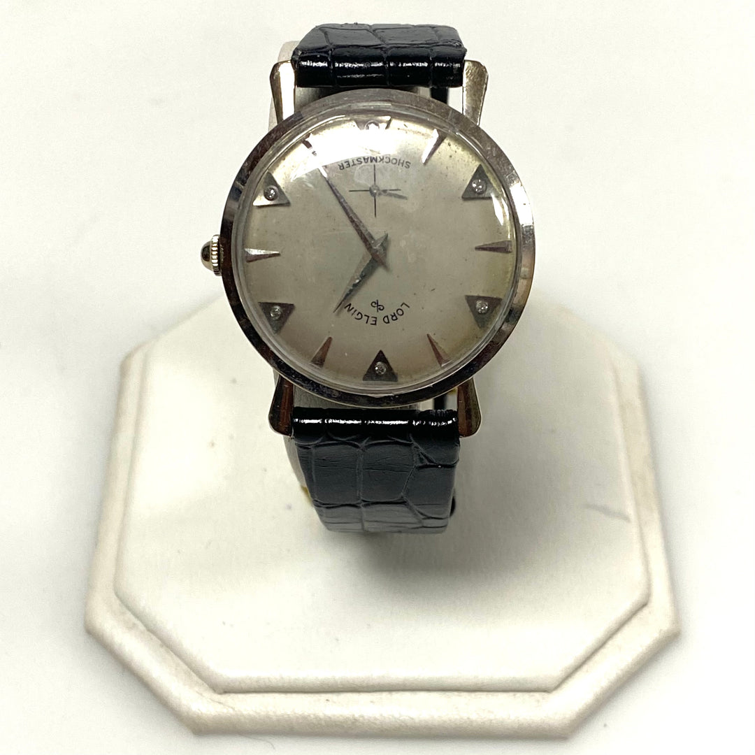 v411 Vintage Lord Elgin 14K White Gold Diamond Dial Shockmaster Black Band