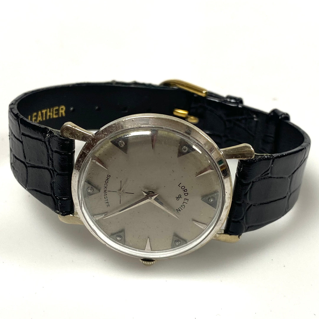 v411 Vintage Lord Elgin 14K White Gold Diamond Dial Shockmaster Black Band