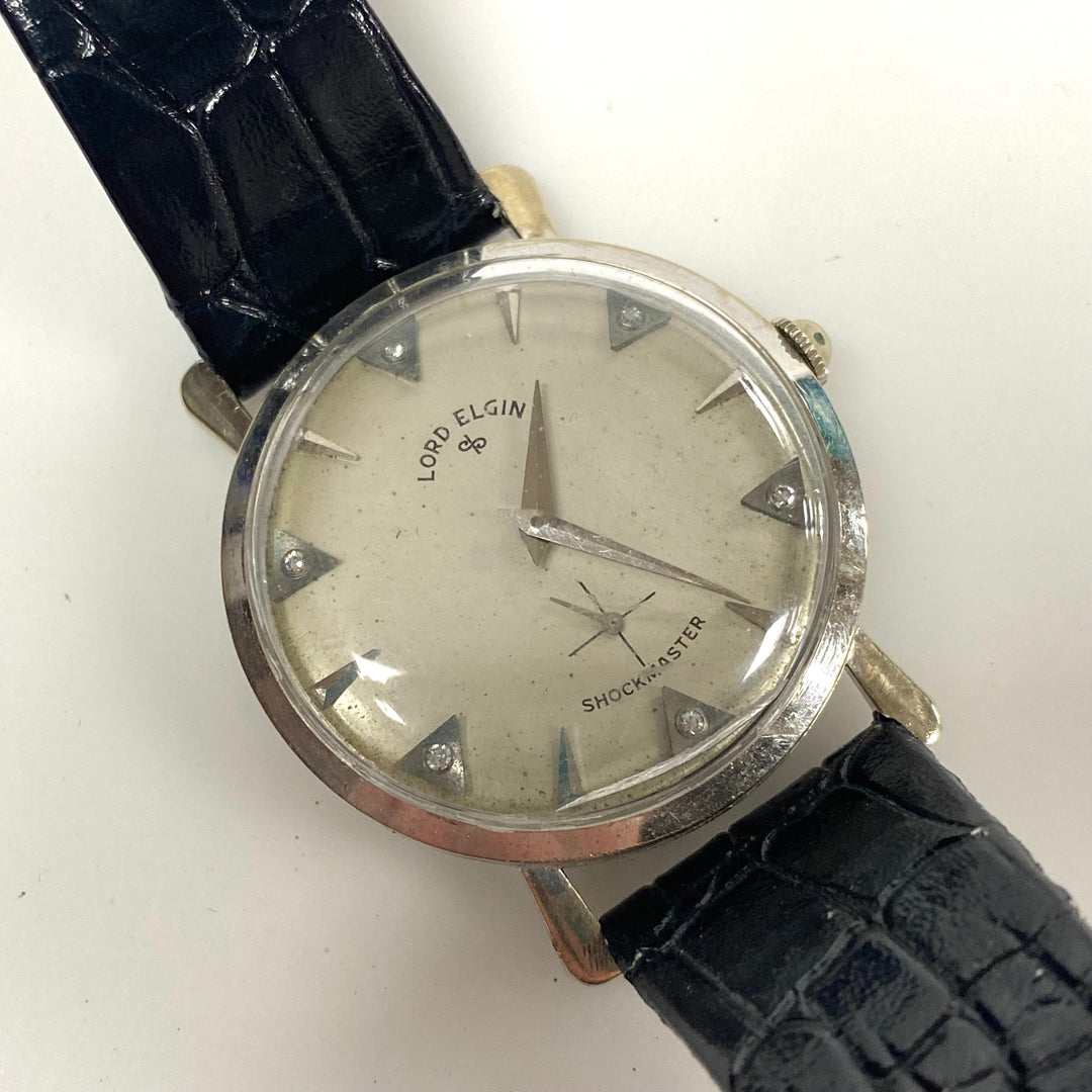 v411 Vintage Lord Elgin 14K White Gold Diamond Dial Shockmaster Black Band