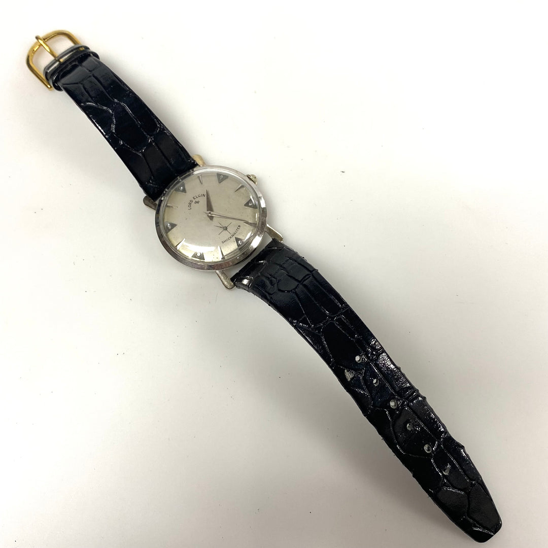 v411 Vintage Lord Elgin 14K White Gold Diamond Dial Shockmaster Black Band
