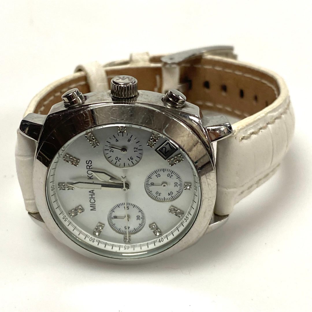 v413 Ladies Michael Kors Chronograph White Leather Band Analog Watch MK-5094 H9