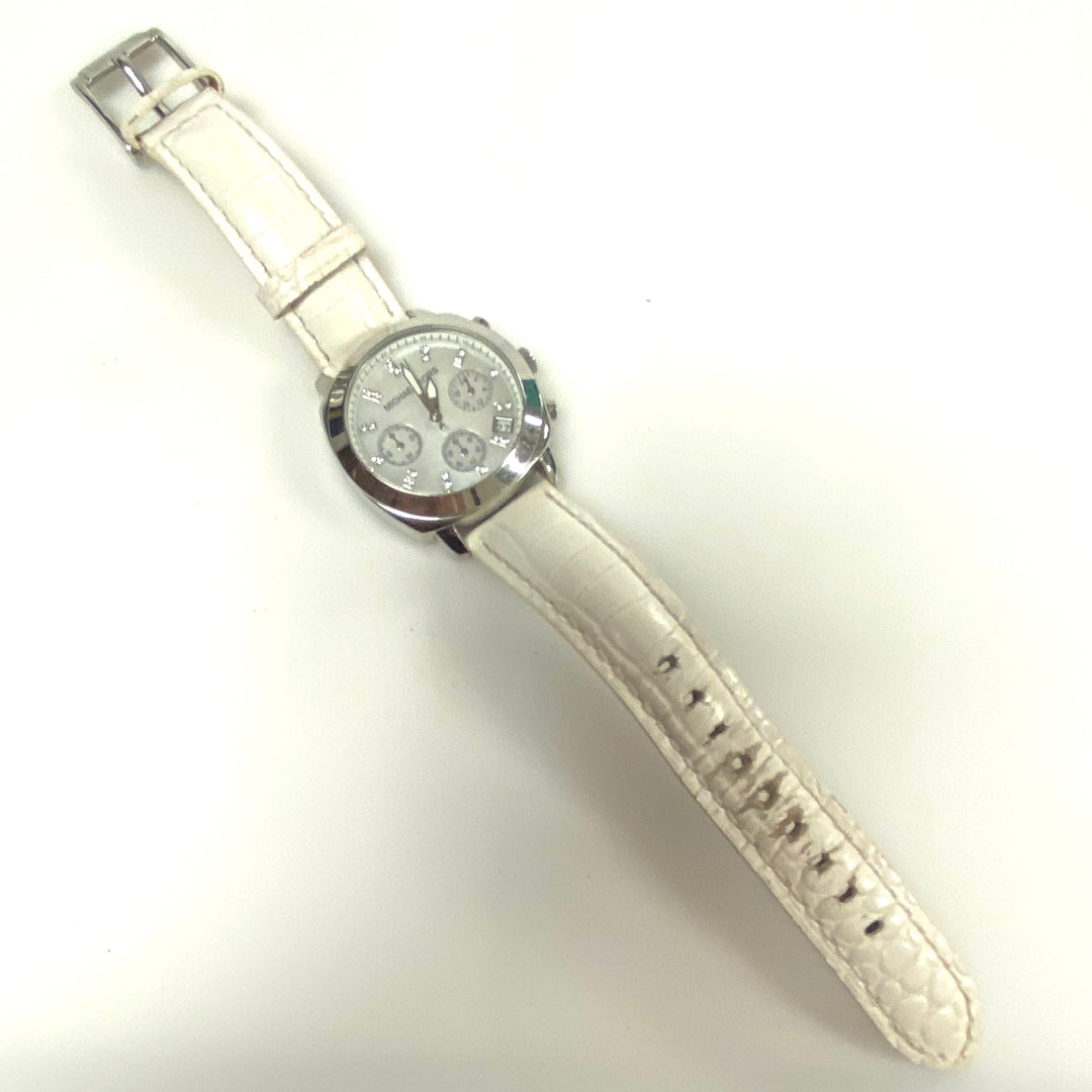 v413 Ladies Michael Kors Chronograph White Leather Band Analog Watch MK-5094 H9