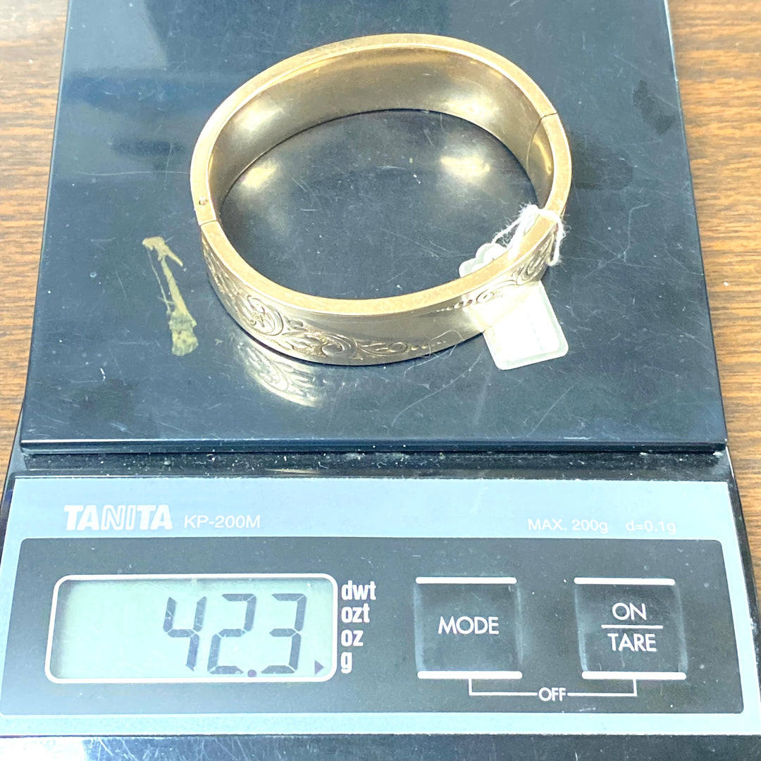 v417 Gorgeous Antique Yellow Gold Filled 19mm Floral Ornament Bracelet 8" Wrist