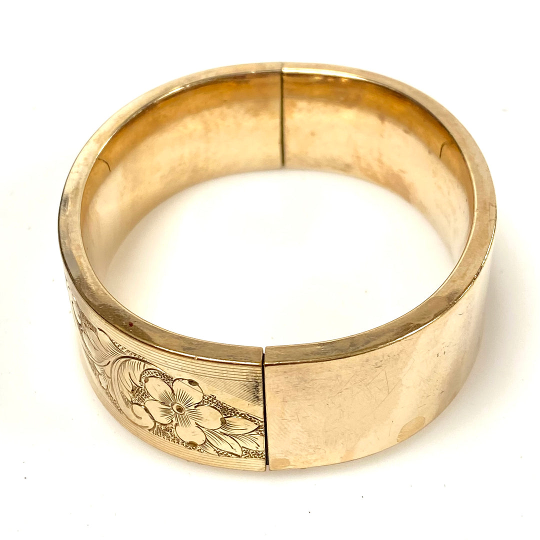 v417 Gorgeous Antique Yellow Gold Filled 19mm Floral Ornament Bracelet 8" Wrist