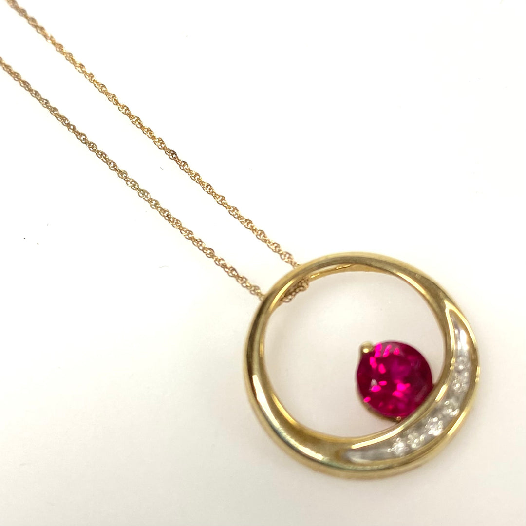 v425 Vintage 10K Yellow Gold Necklace 18" & 10K Yellow Gold Ruby Diamond Pendant