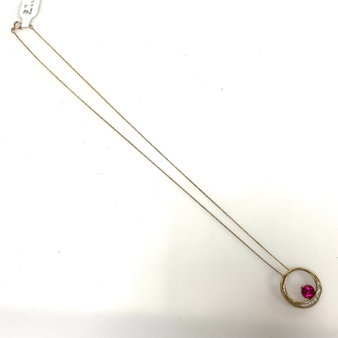 v425 Vintage 10K Yellow Gold Necklace 18" & 10K Yellow Gold Ruby Diamond Pendant