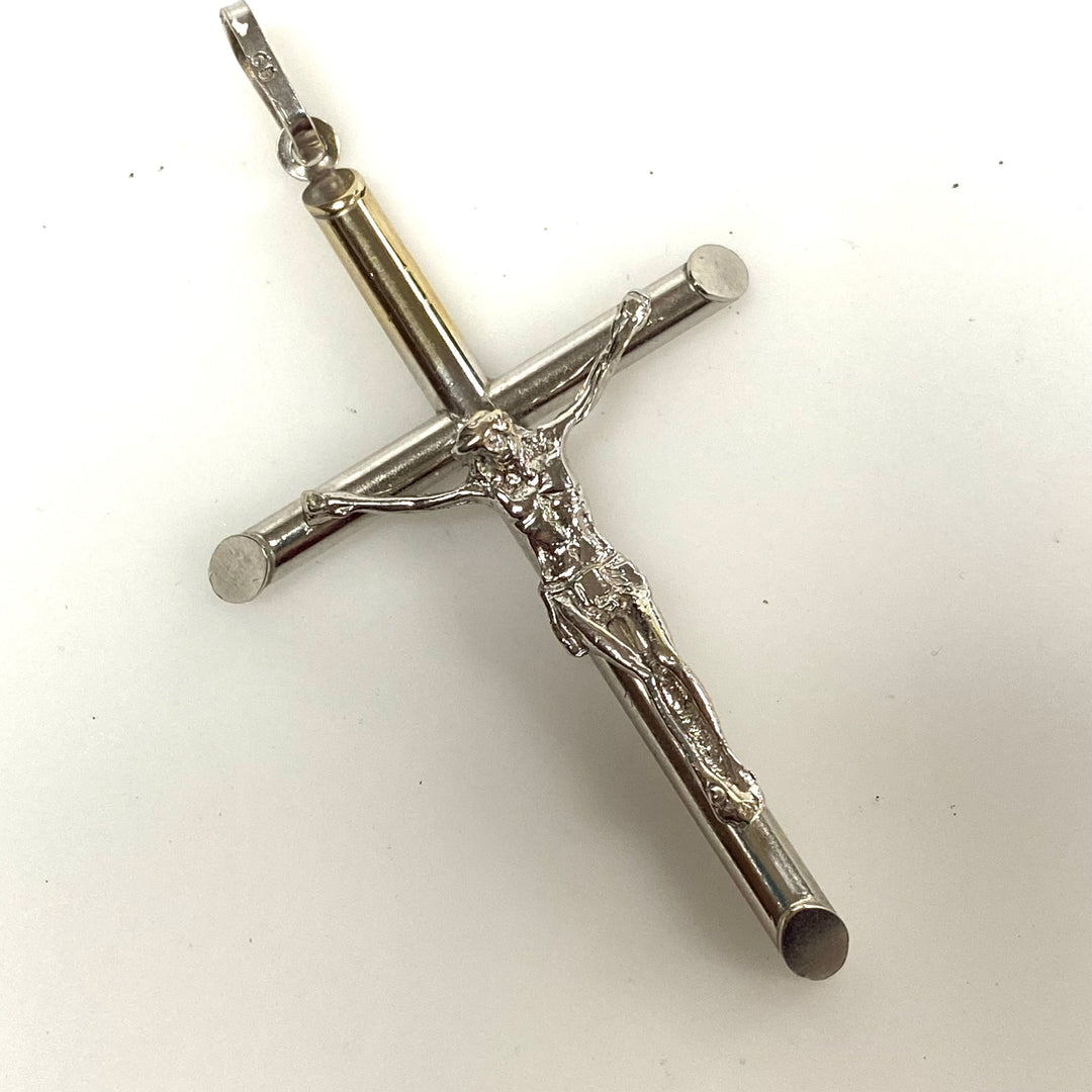 v428 Vintage 14K White Gold Polished Jesus Crucifix Religious Cross Pendant