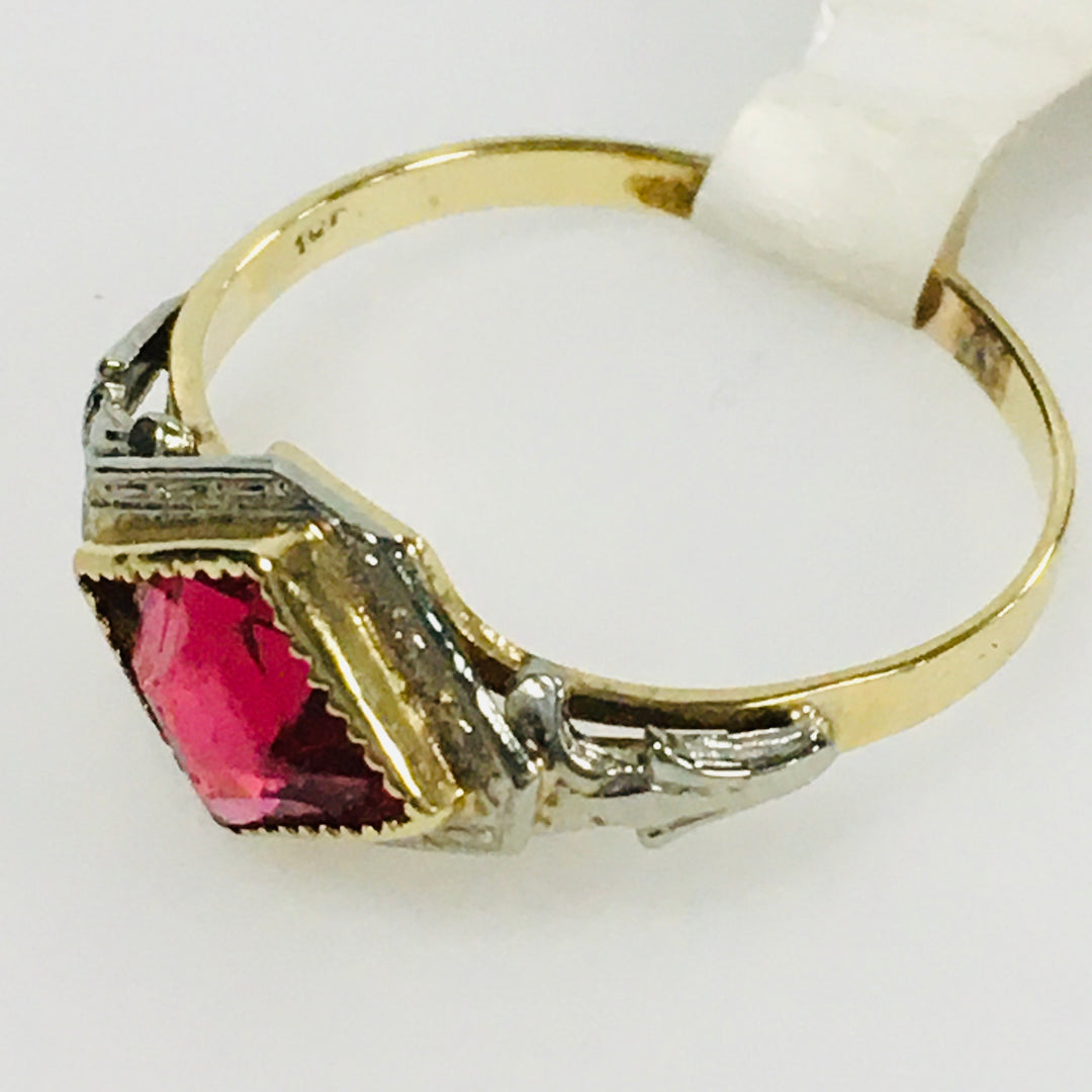 v435 Vintage 10K Two-tone Yellow White Gold Red Stone Unisex Ring Size 5