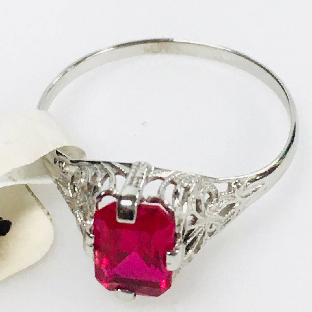 v436 Vintage Filigree 10K White Gold Pink Stone Unisex Ring Size 7.5