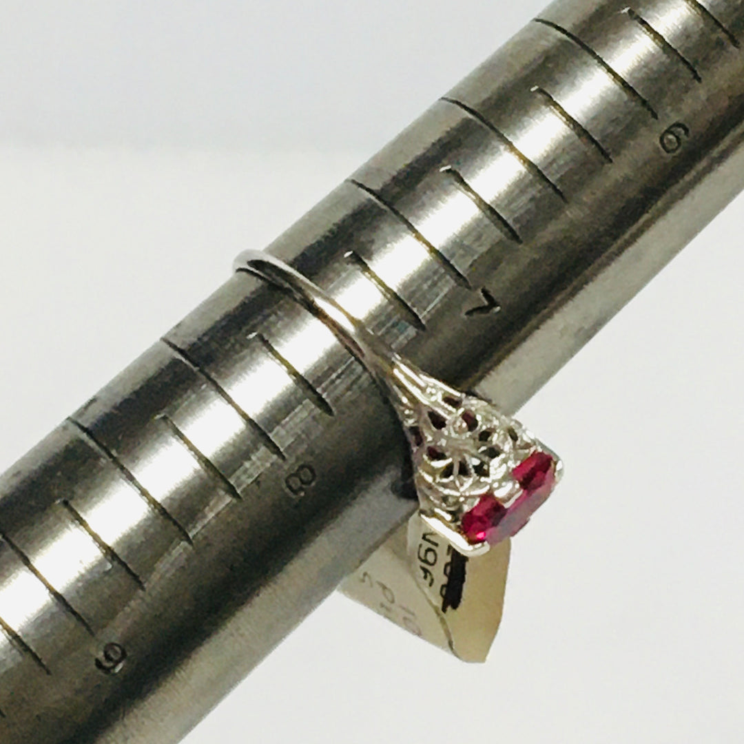 v436 Vintage Filigree 10K White Gold Pink Stone Unisex Ring Size 7.5