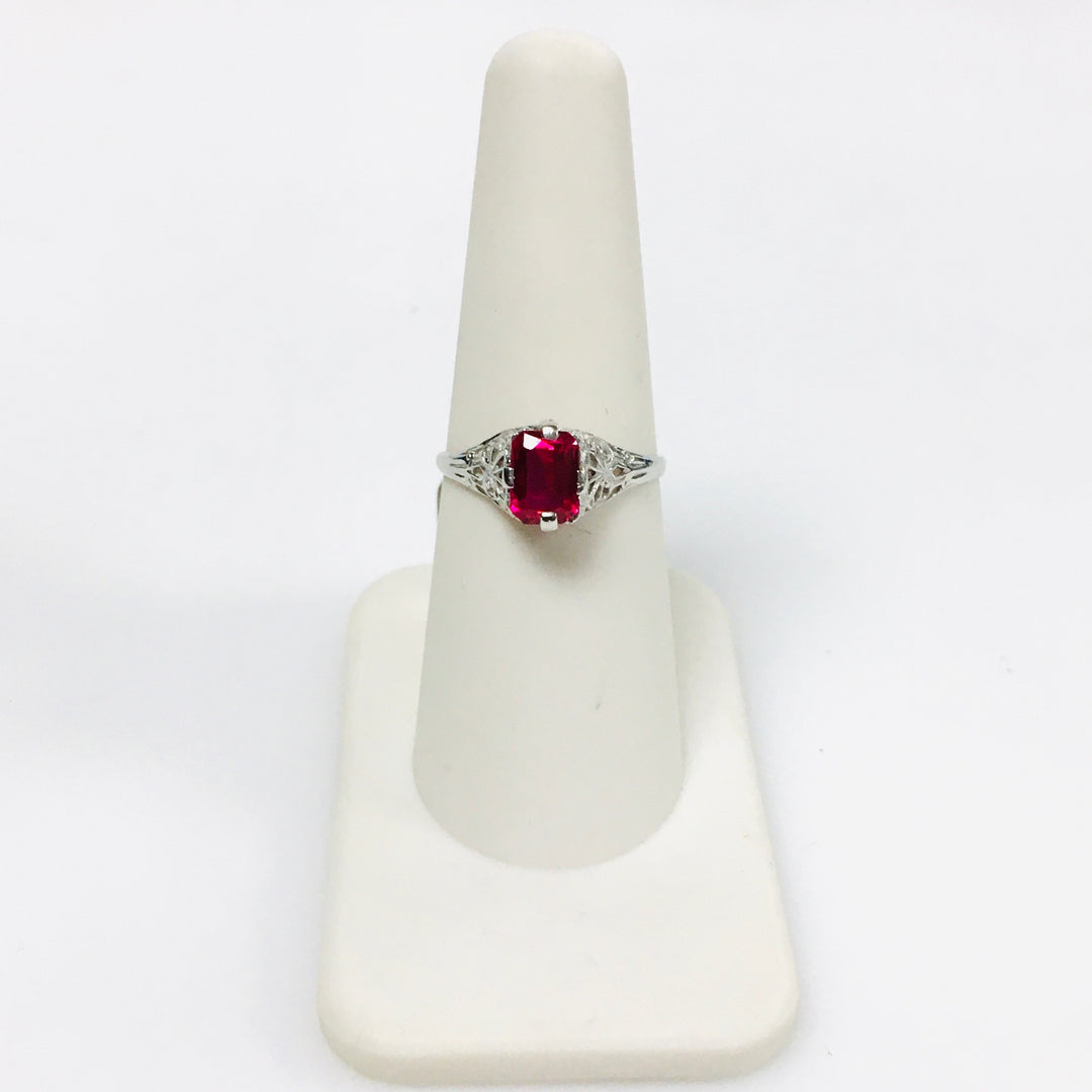v436 Vintage Filigree 10K White Gold Pink Stone Unisex Ring Size 7.5