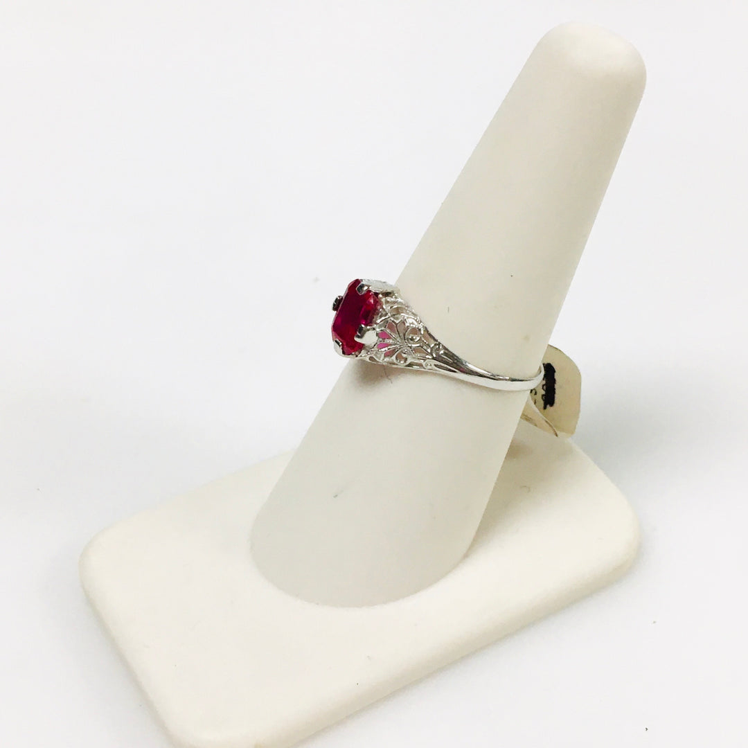 v436 Vintage Filigree 10K White Gold Pink Stone Unisex Ring Size 7.5
