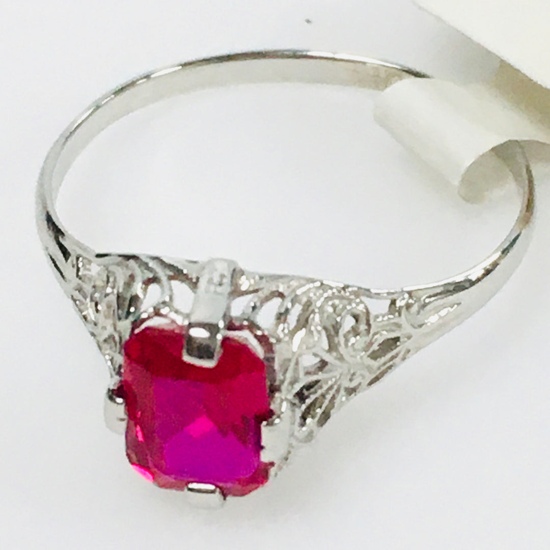 v436 Vintage Filigree 10K White Gold Pink Stone Unisex Ring Size 7.5