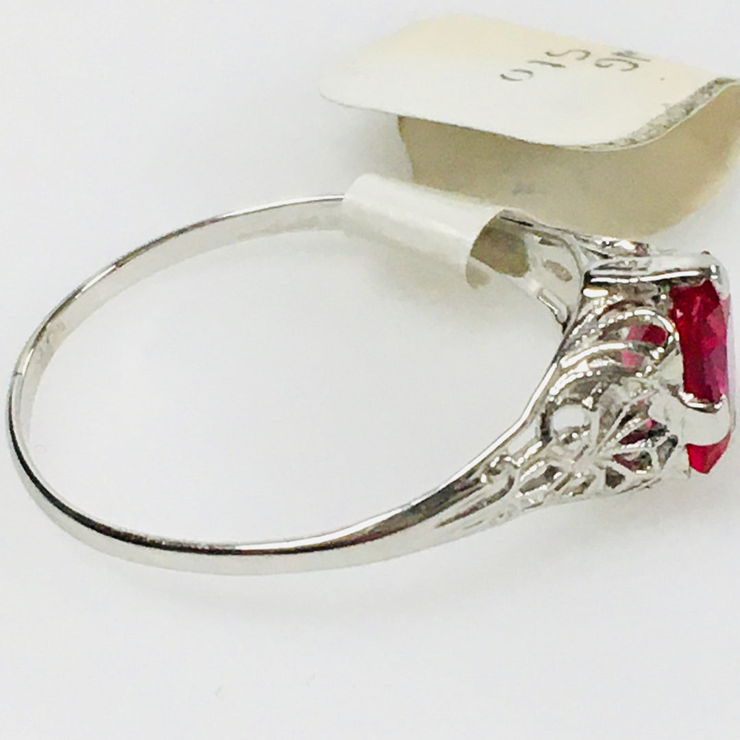 v436 Vintage Filigree 10K White Gold Pink Stone Unisex Ring Size 7.5