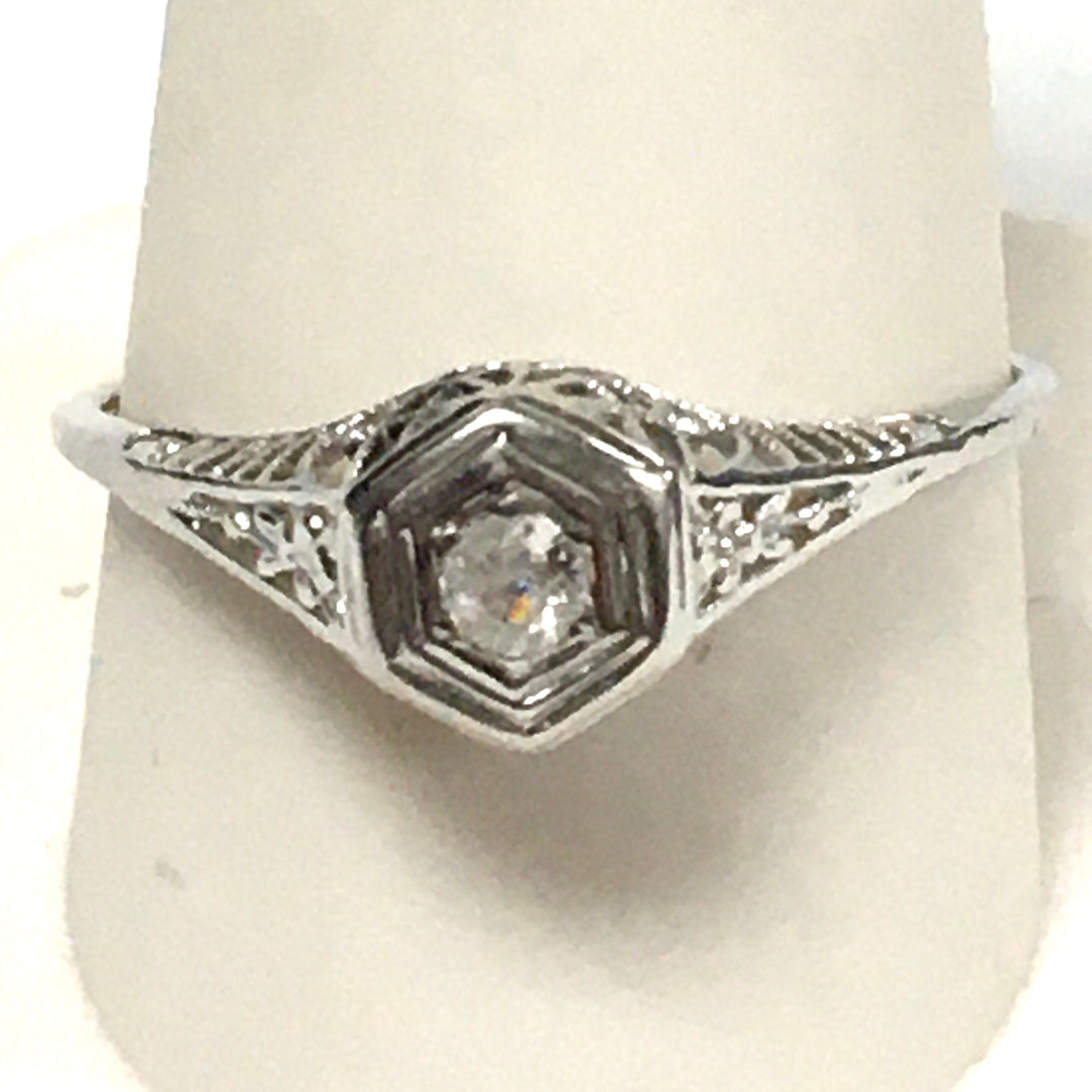 v441 Vintage 18k White Gold Diamond 0.10 cts Engagement Wedding Ring Size 10.75