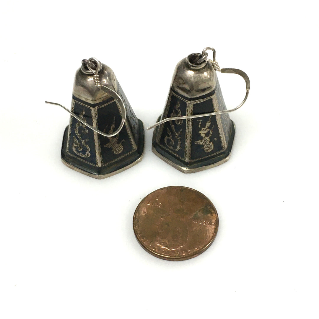v443 Vintage Sterling Silver Niello Hindu Goddess Bell Pierced Dangling Earrings