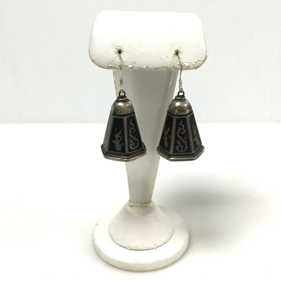 v443 Vintage Sterling Silver Niello Hindu Goddess Bell Pierced Dangling Earrings