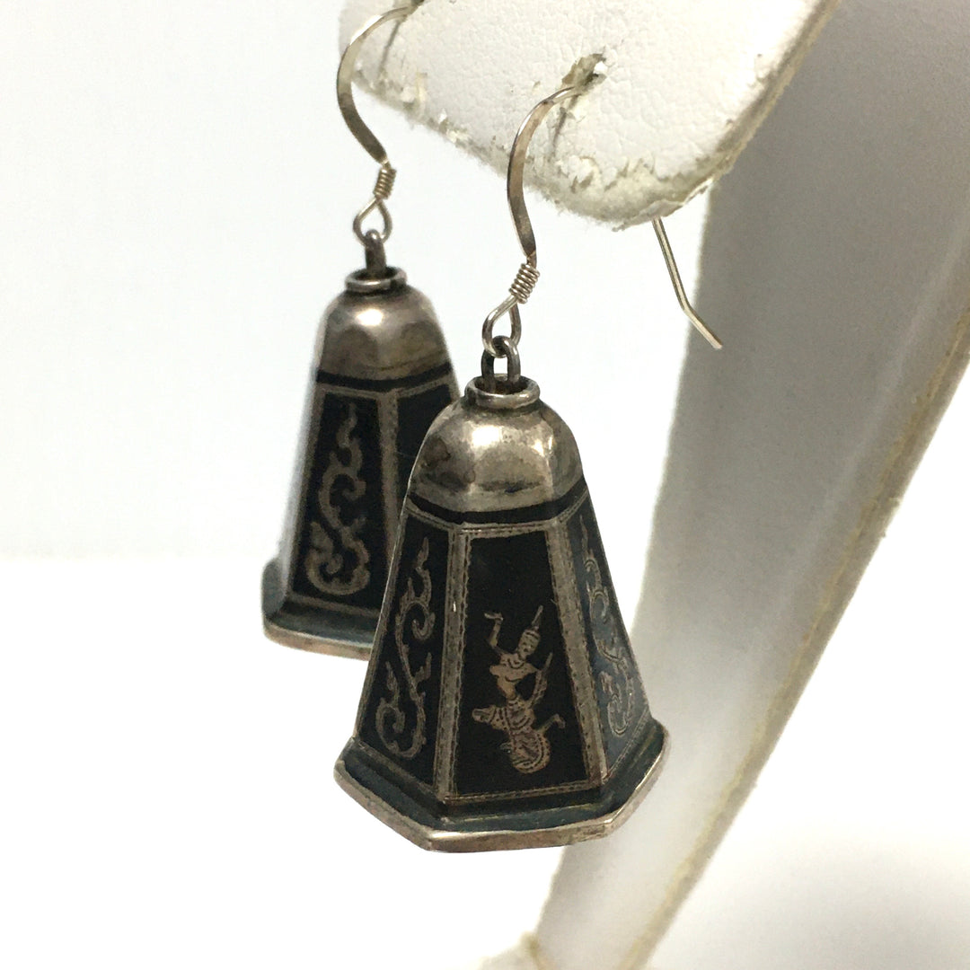 v443 Vintage Sterling Silver Niello Hindu Goddess Bell Pierced Dangling Earrings