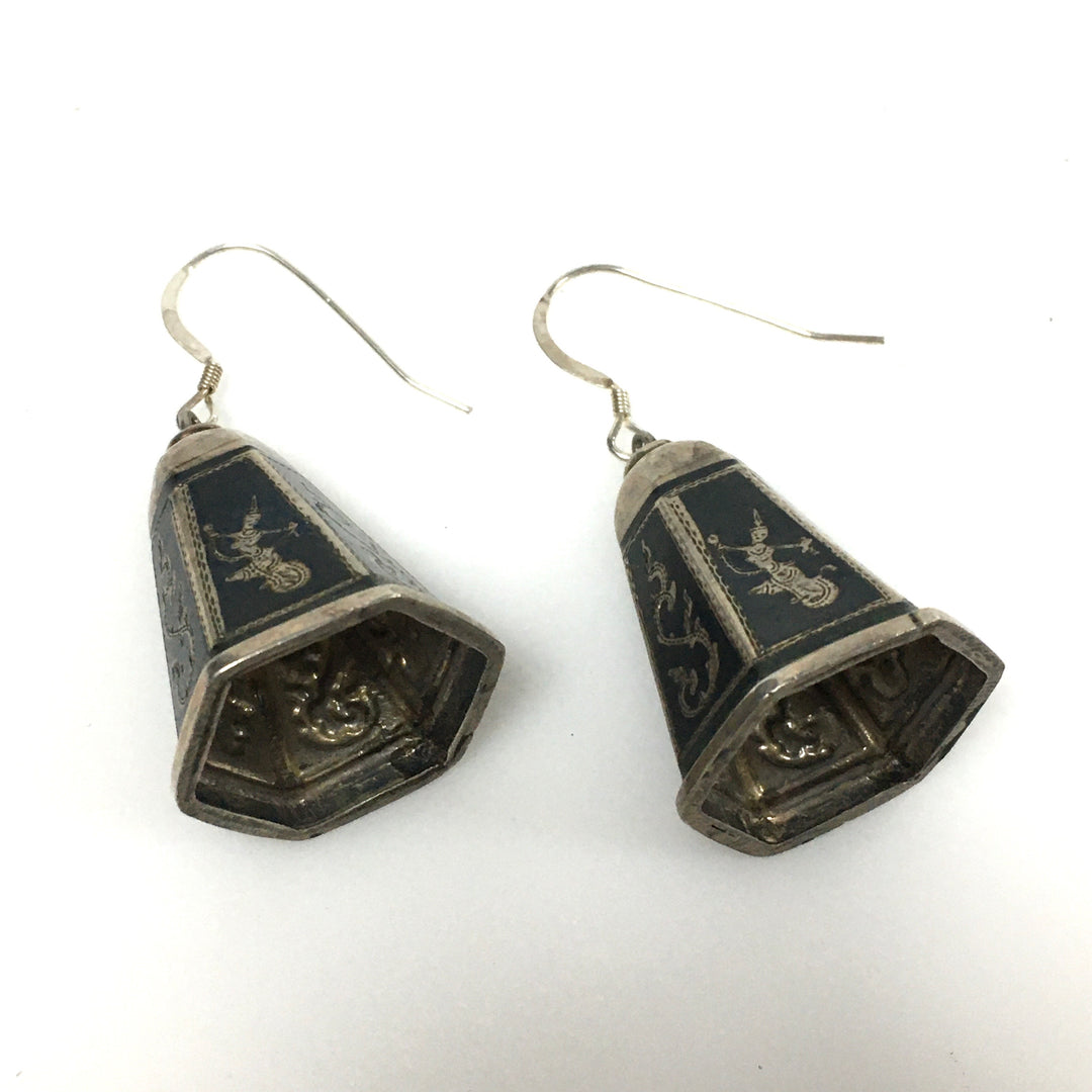 v443 Vintage Sterling Silver Niello Hindu Goddess Bell Pierced Dangling Earrings