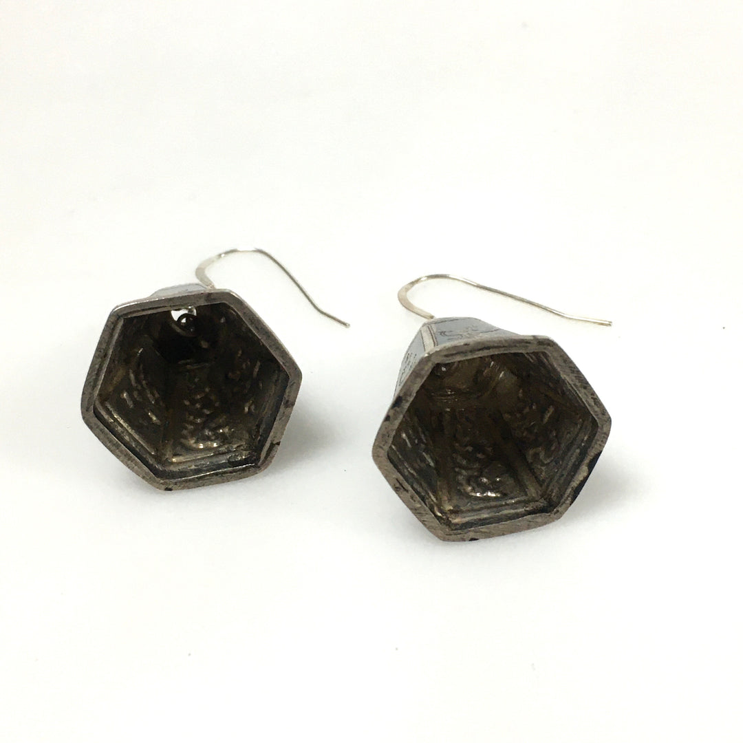 v443 Vintage Sterling Silver Niello Hindu Goddess Bell Pierced Dangling Earrings