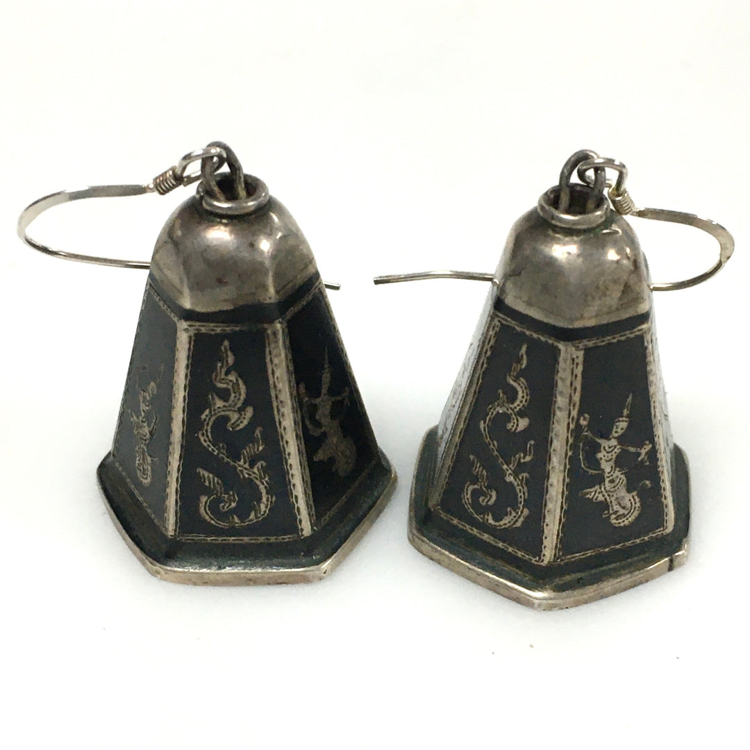 v443 Vintage Sterling Silver Niello Hindu Goddess Bell Pierced Dangling Earrings