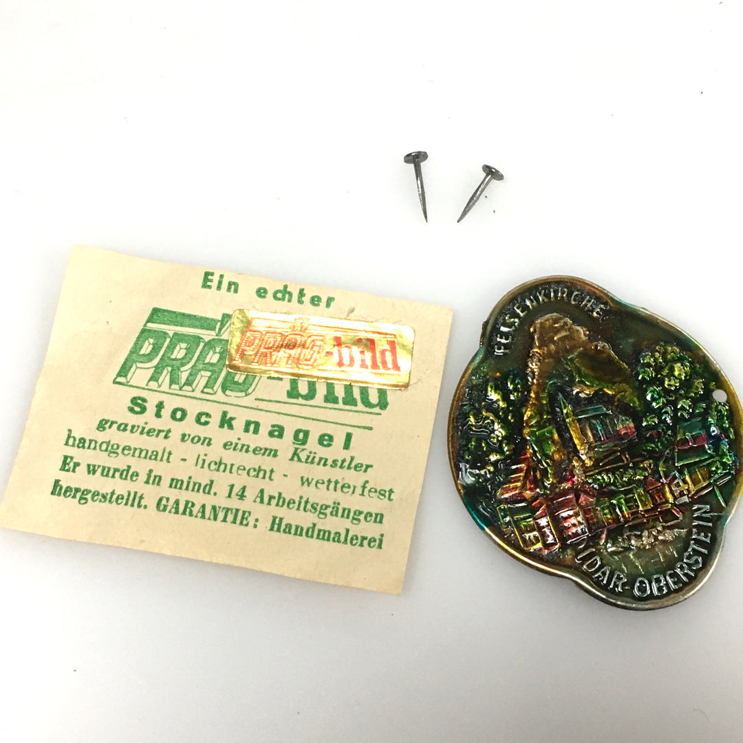 v449 Vintage Walking stick badge emblem shield - Felsenkirche Idar-Oberstein